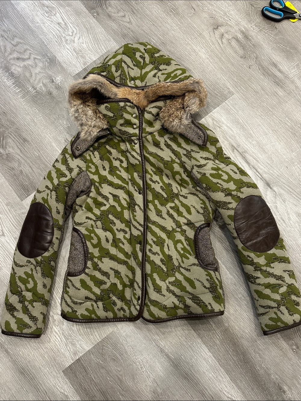 Mackage Camo Knit Fur Hood Jacket Leather Elbow Patches Rare